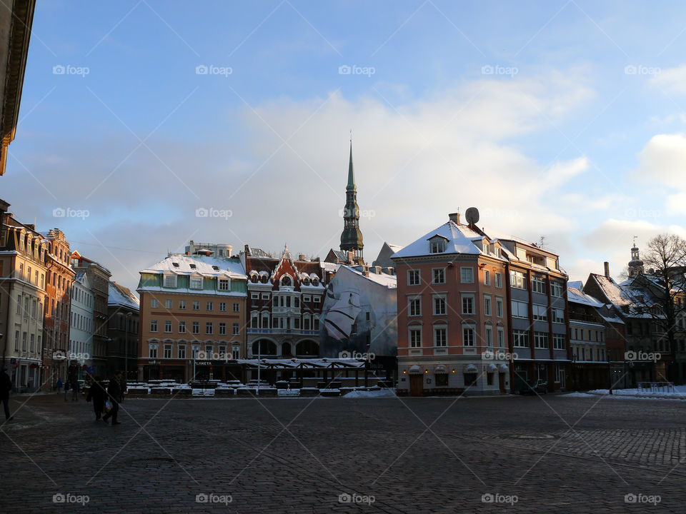 Cityscape view of the Doma laukums, a square in the Old Town of Riga, Latvia.