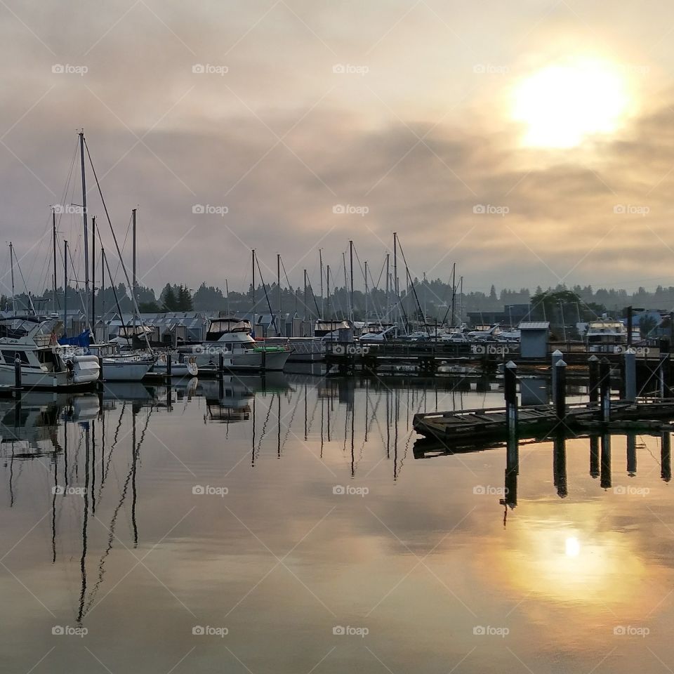 Boats on Port of Olympia at Sunrise