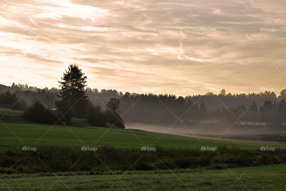 early autumn, foggy morning in the countryside