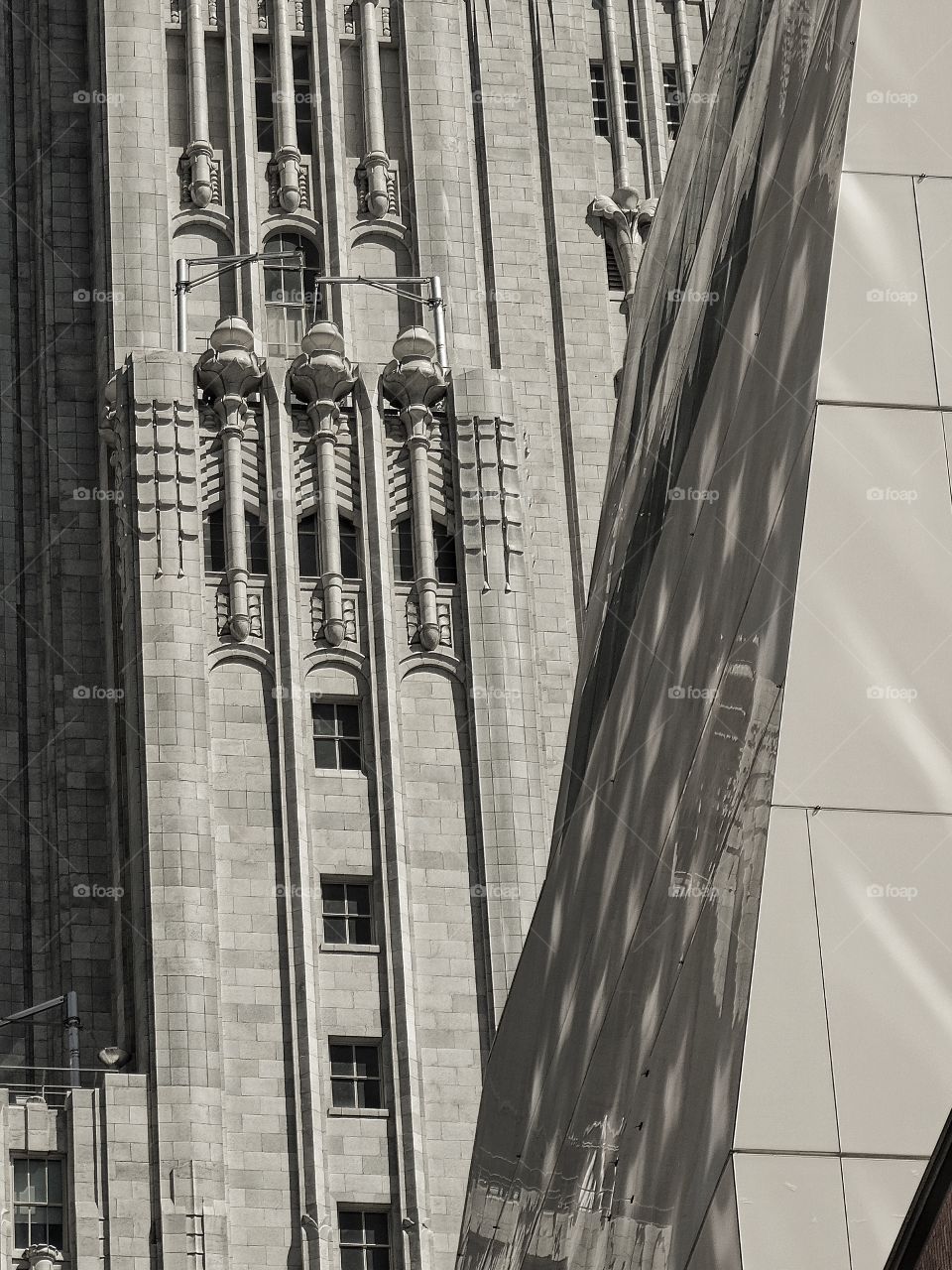 Old And New Architecture. Contrasting Styles Of City Architecture In Black And White