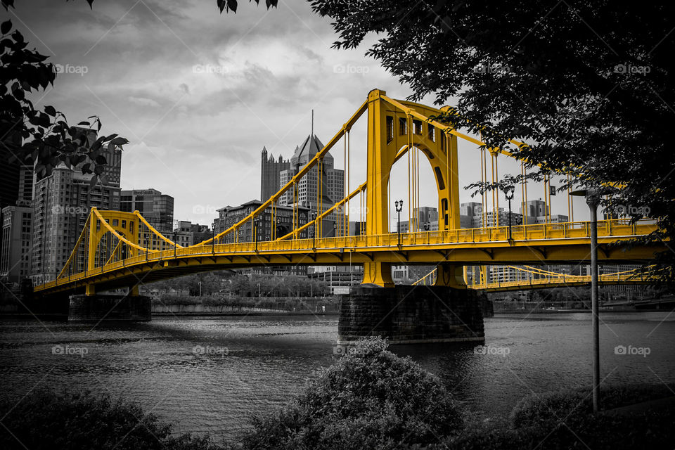 Yellow Bridge Over Water Black and White City Pittsburgh