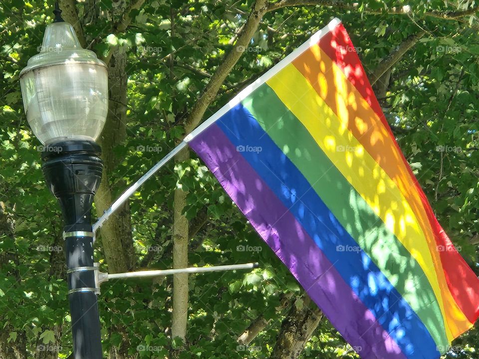 sunlight shining on a rainbow Pride flag attached to a lamp post in Oregon suburbs