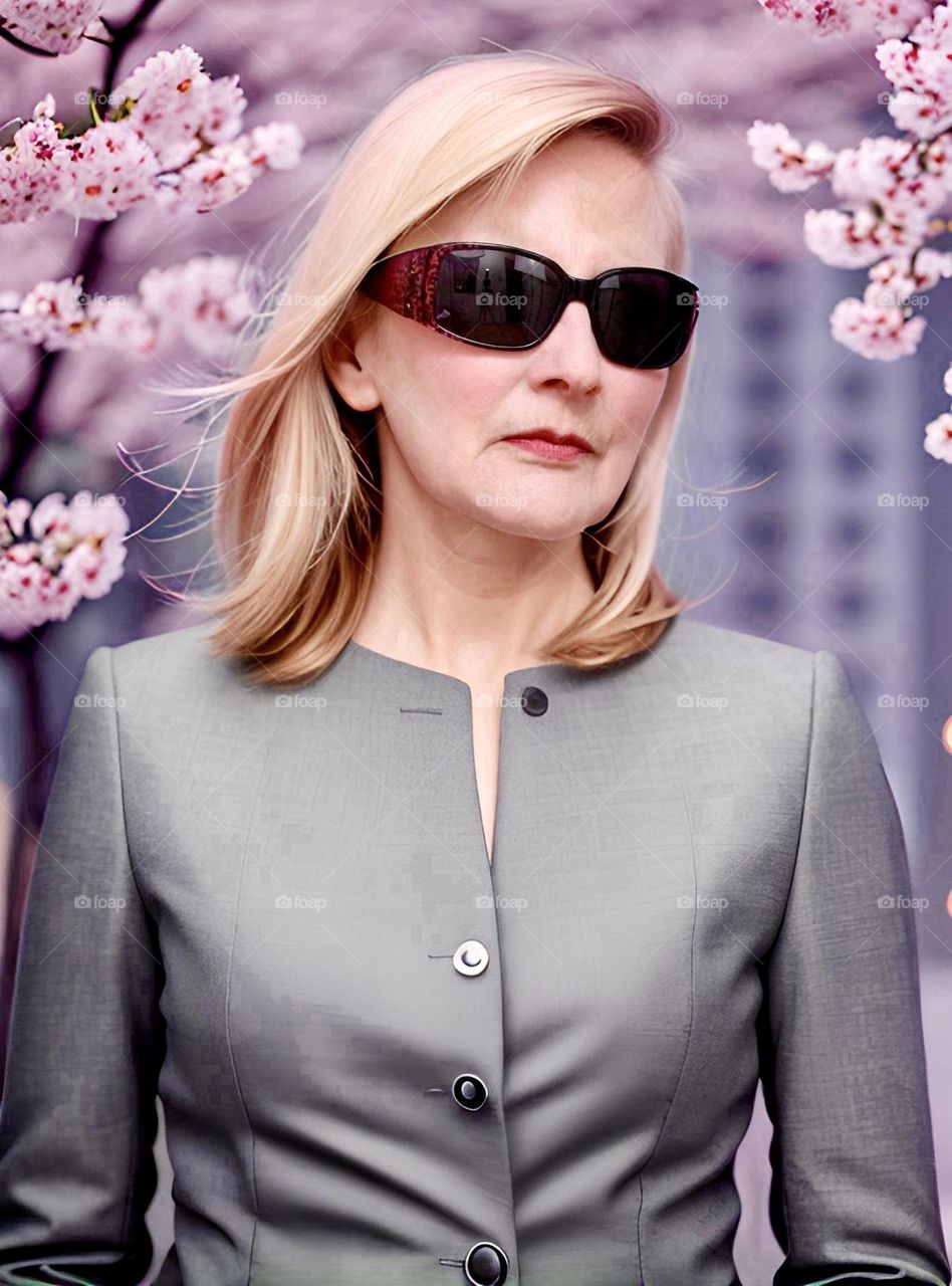 Woman in grey suit with pink blossom backdrop