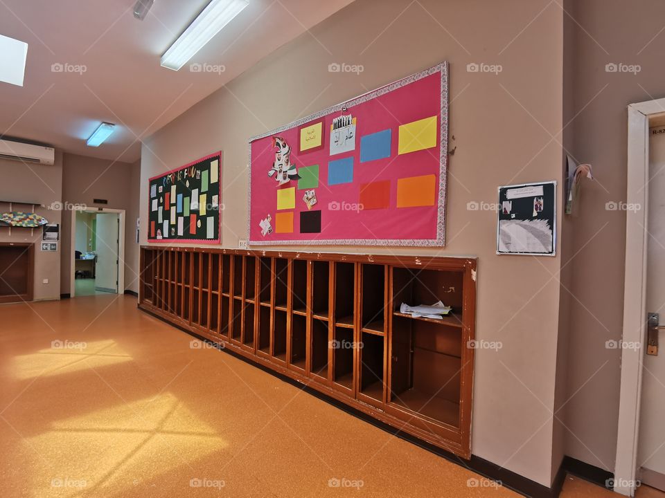 Classroom and storage shelves.