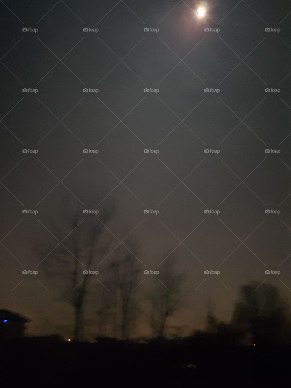 full moon over black silhouettes of trees and buildings during misty winter night