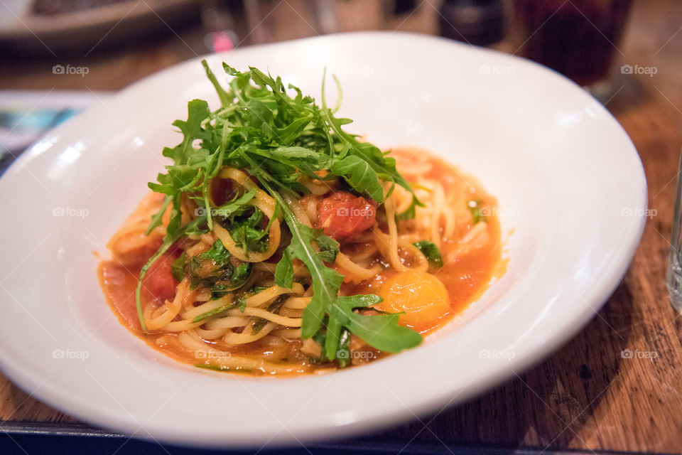 Main course at Jamie's italian restaurant in London. The restaurant is named after the world famous TV chef Jamie Oliver. This is their famous pasta dish.