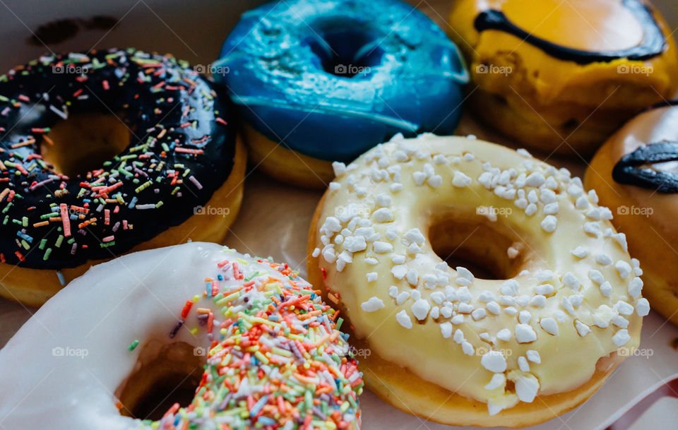 High angle view of donuts