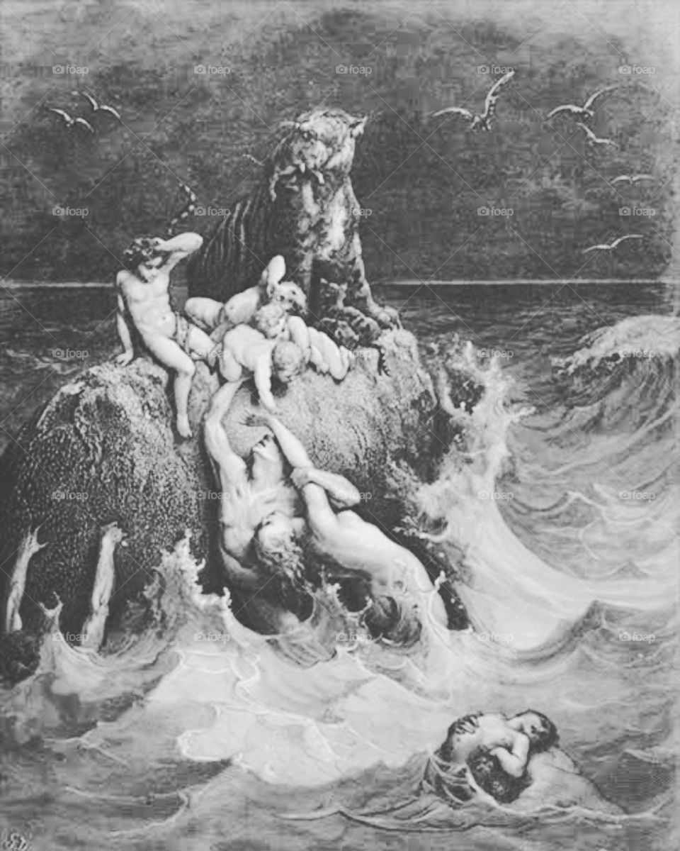 It's by Gustave Doré, usually considered a master engraver, this image is a powerful depiction of the doomed men and beasts in the story of Noah's Ark trying desperately and futilely to save their children.