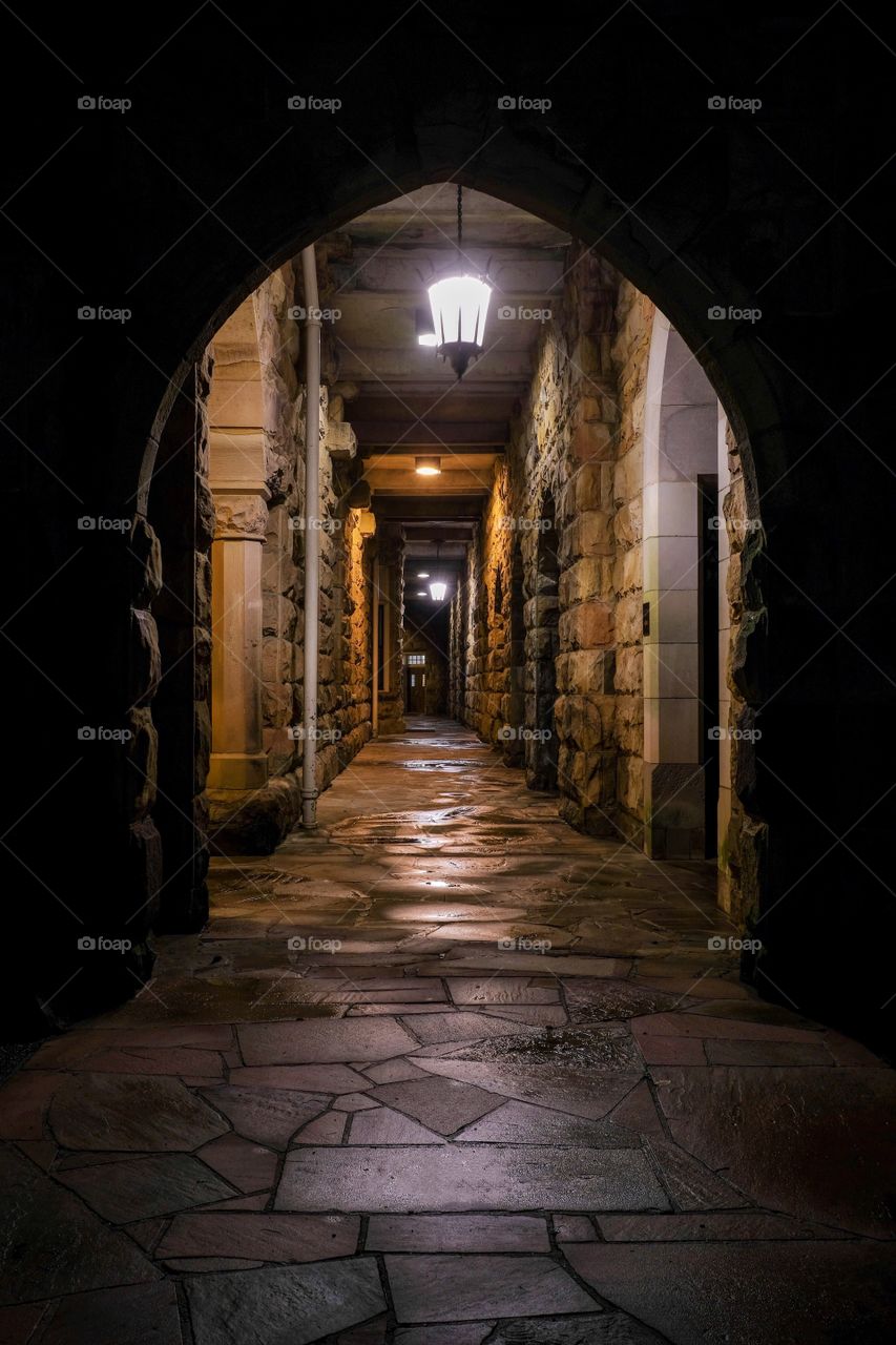 Foap, Art of Composition. Archway at the All Saints Cathedral at the University of the South in Sewanee, Tennessee on a cold wet night. 