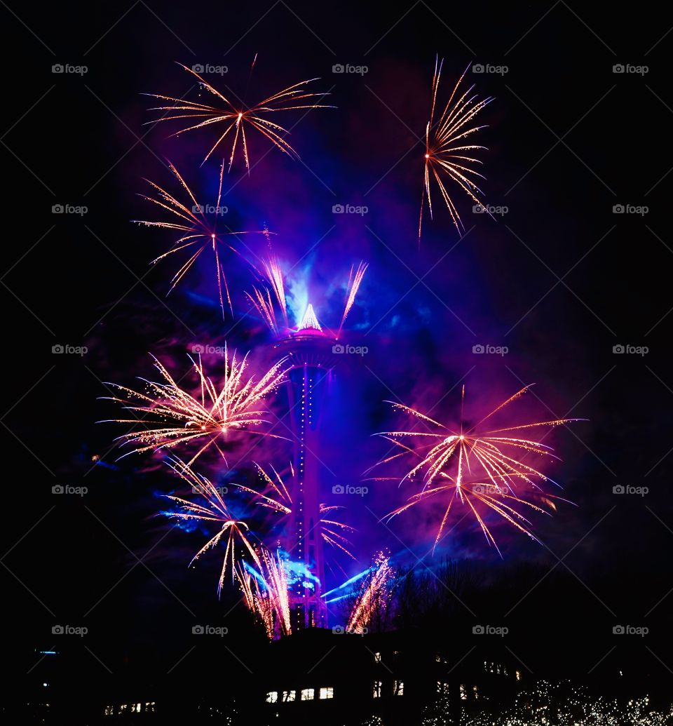 New year fireworks at space needle in Seattle USA