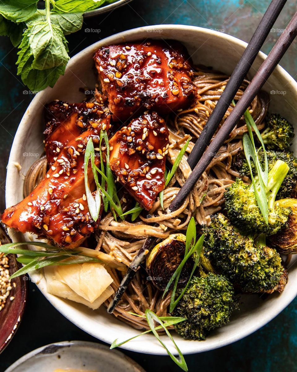 Honey garlic Salmon Soba noodle Bowls