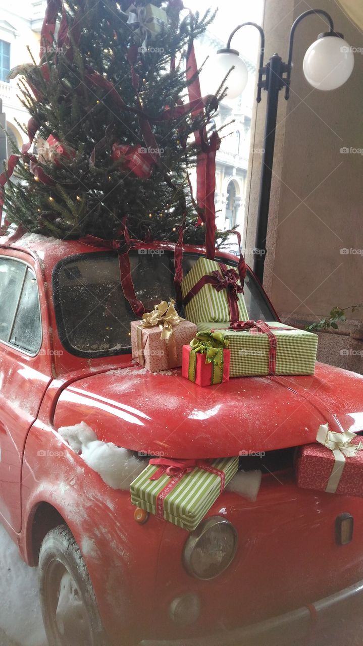 car with gifts.New Year.