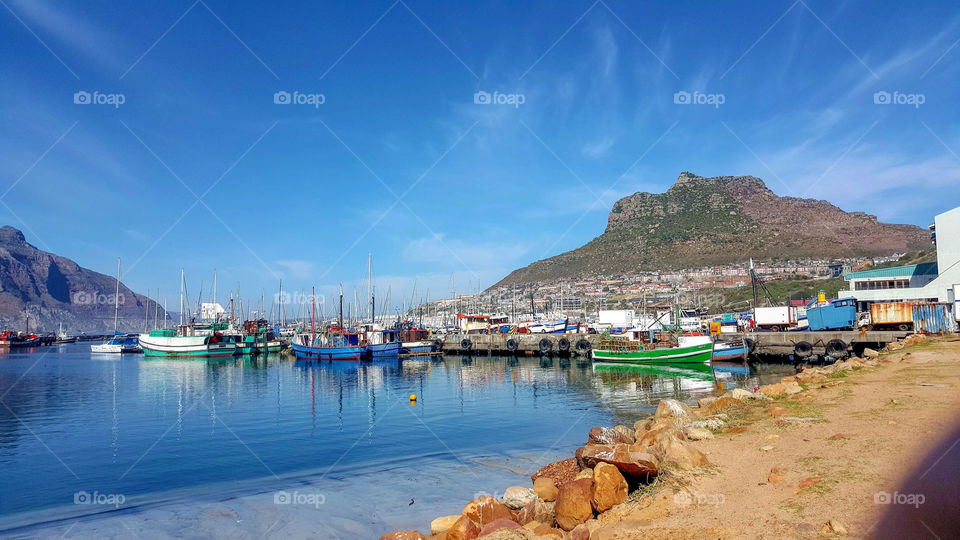 Colourful fishing boats moored in Hout Bay harbour outside Cape Town with clear blue skies & a mountain backdrop