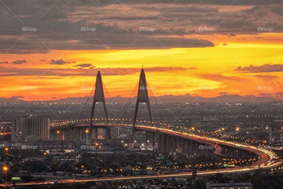 Beautiful twilight scene of The landmark Bhumibol Bridge in Bangkok Thailand