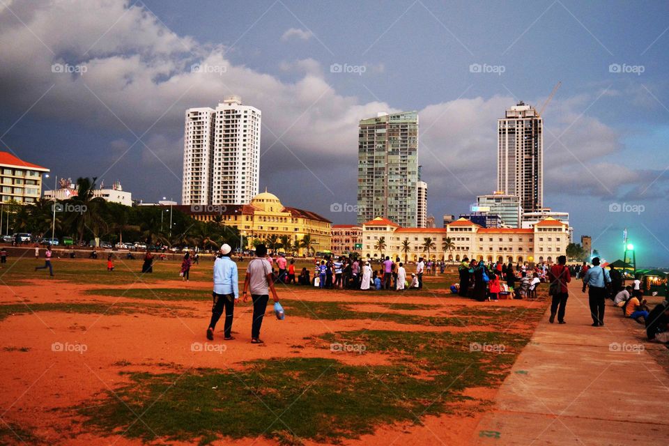 evening beach  city life