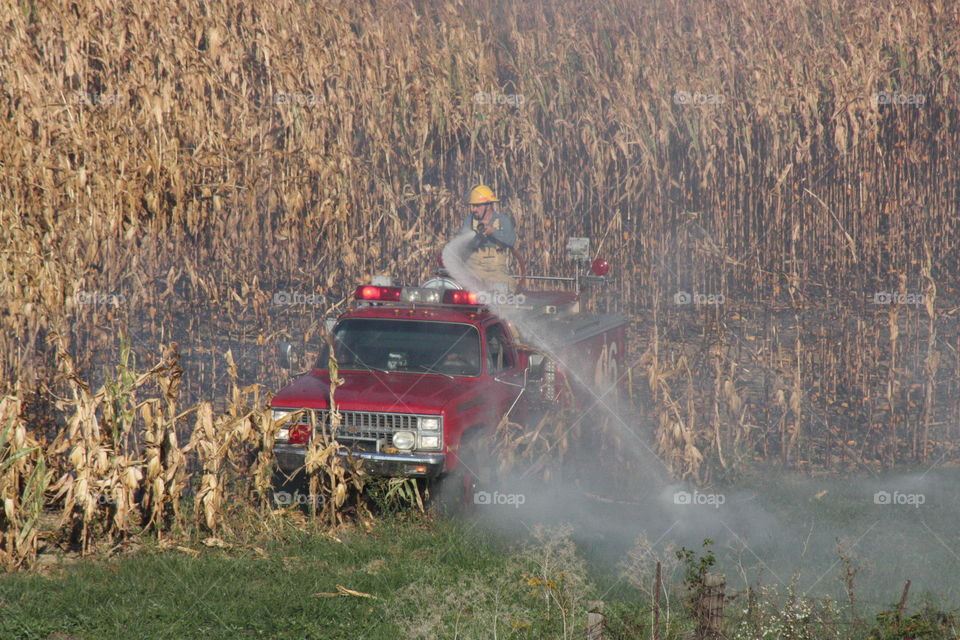 Fire department   . Fire dept putting out a corn filed fire