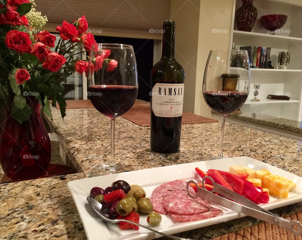 Relaxing night with simple appetizers & a glass of wine 