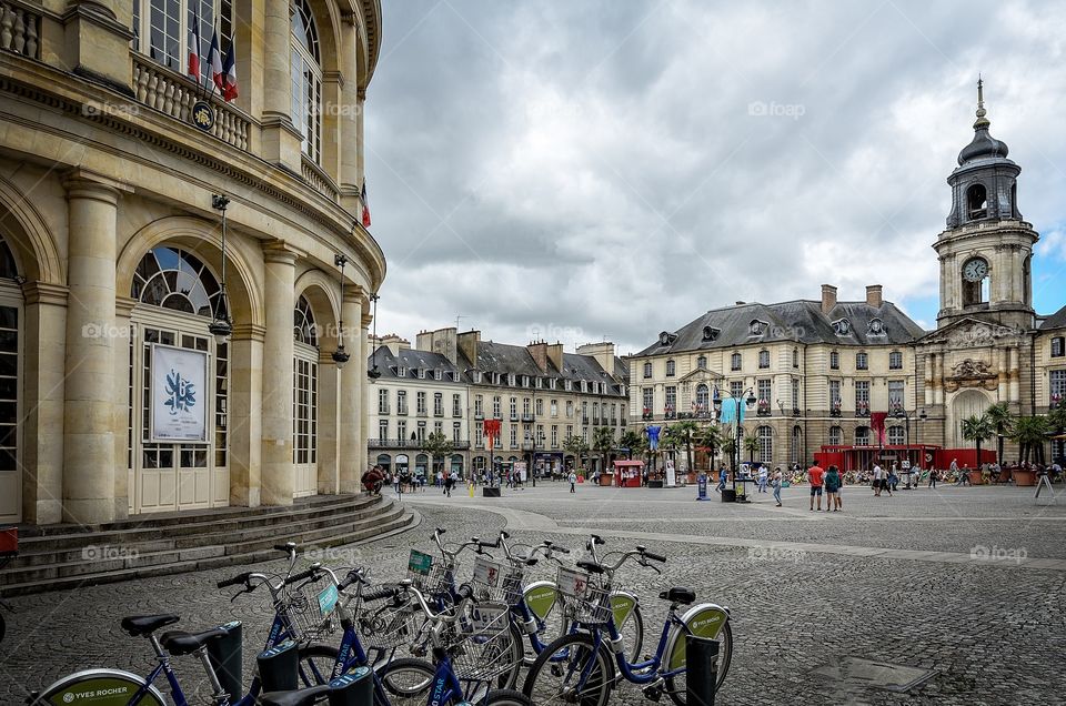Bicycles parked in front of the city hall in Rennes