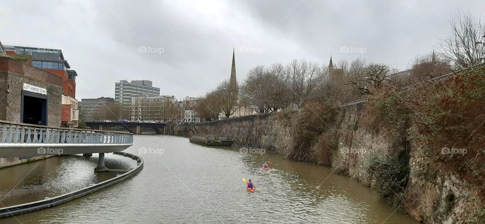 A grey winters day at finzels reach which is in Bristol with part of finzels bridge on the left side of the photo