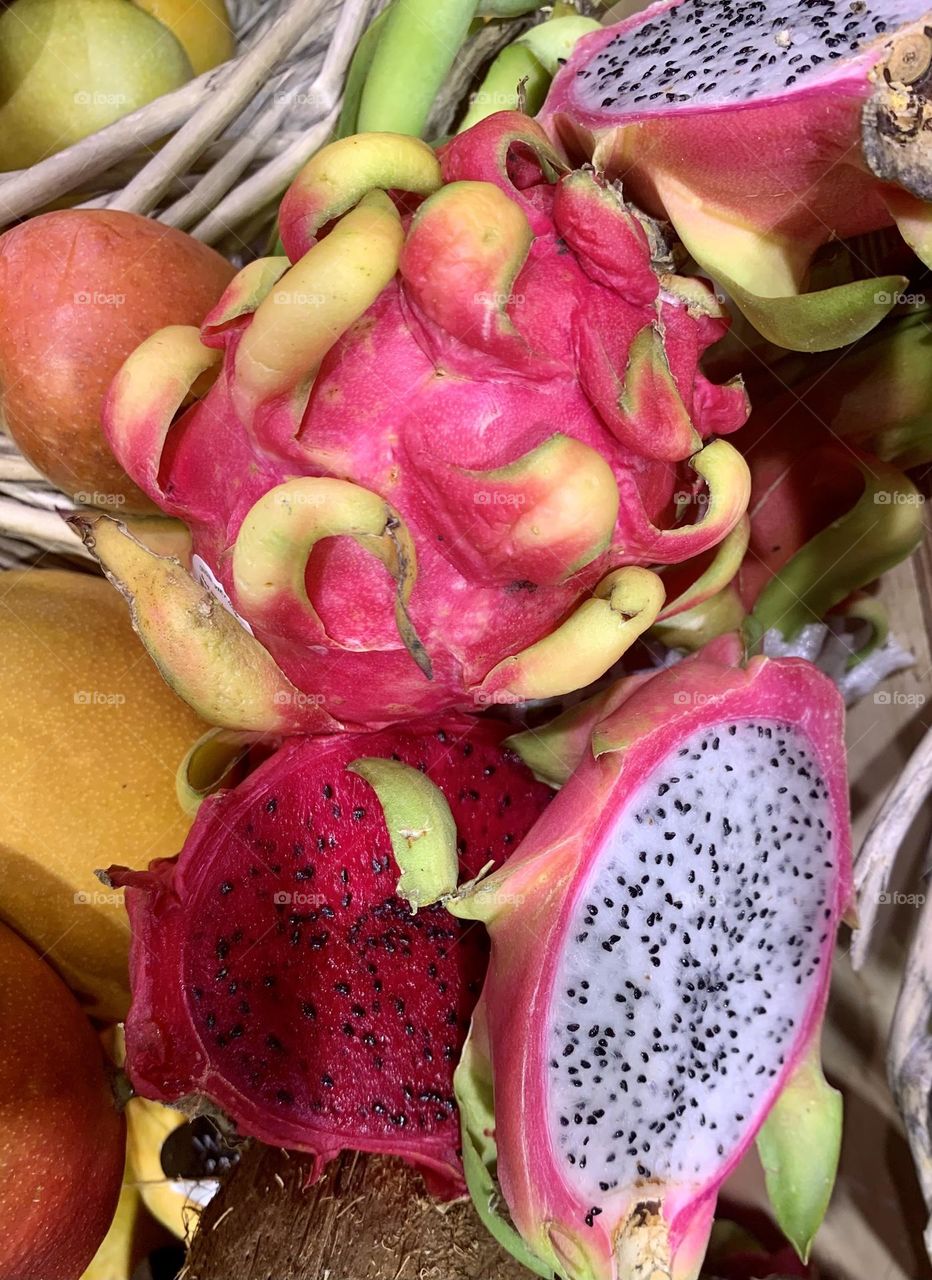 Pitaya, dragon fruit, strawberry pear close up, tropical fruit, Latin America fruit 