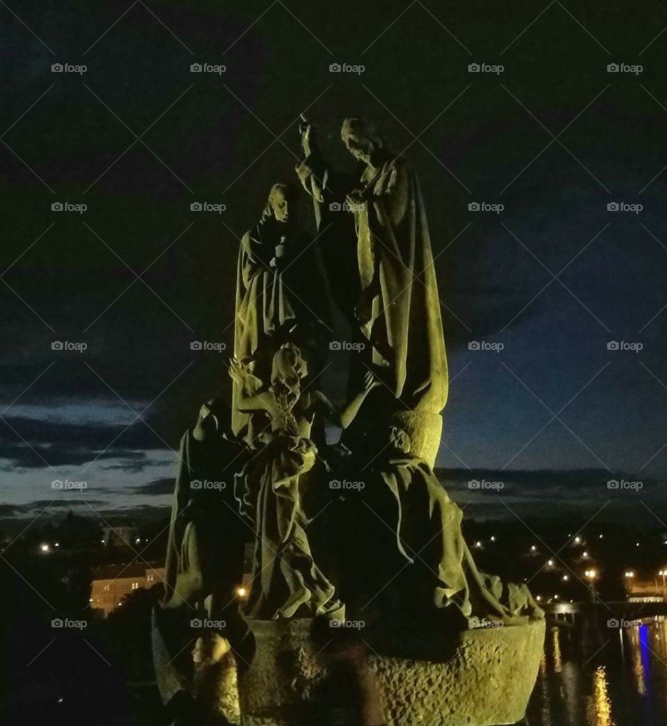 Prague, Charles Bridge statues by night