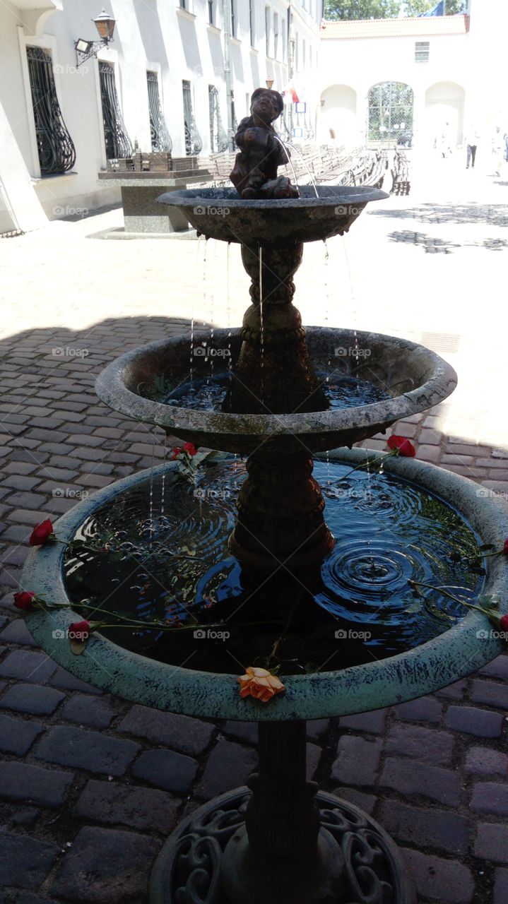 Szczecin, a fountain in the café yard near The Pomeranian Dukes Castle