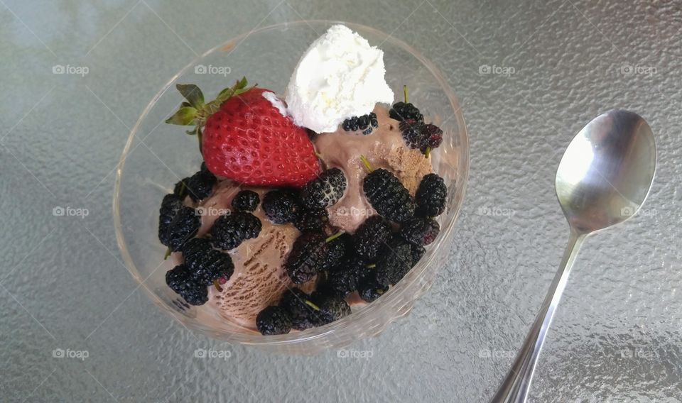 bowl of chocolate ice cream with whipped topping and berries