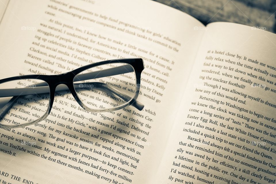 Monochromatic Book With Glasses, Open Book With Reading Glasses, Black And White Book Portrait 