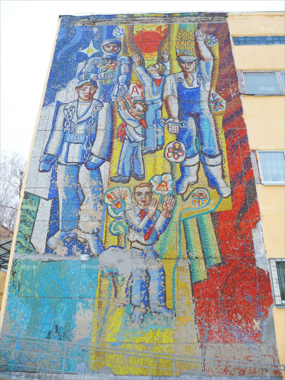 colored mosaic on the school building, Kiev