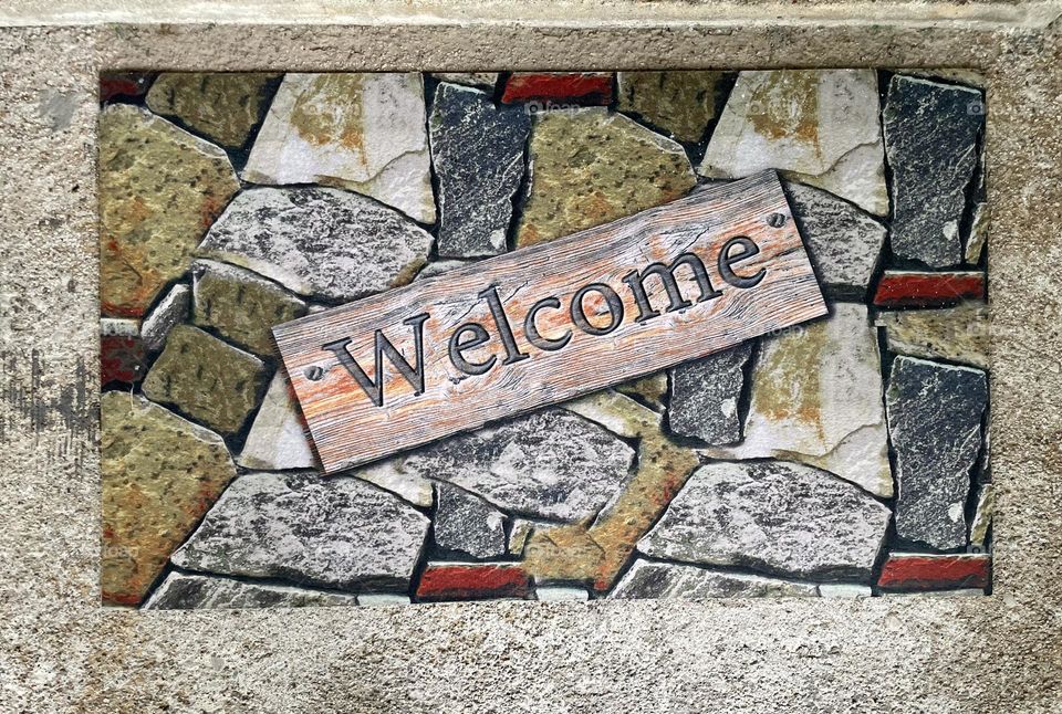 Welcome Mat in front of door, welcome mat for home, welcoming guests into your home, fun welcome mat design, Home Goods Welcome Mat 