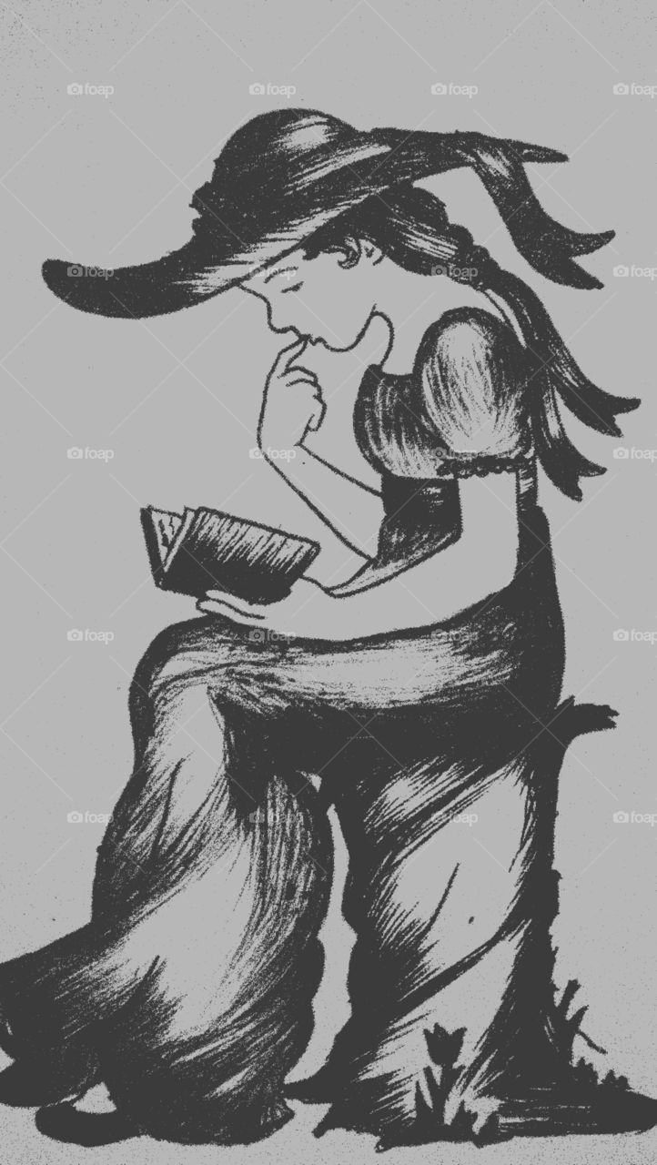 Sketch of a girl reading a book, wearing a big long hat