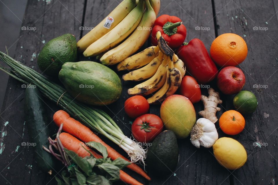 Organic fresh produce laid out on table.