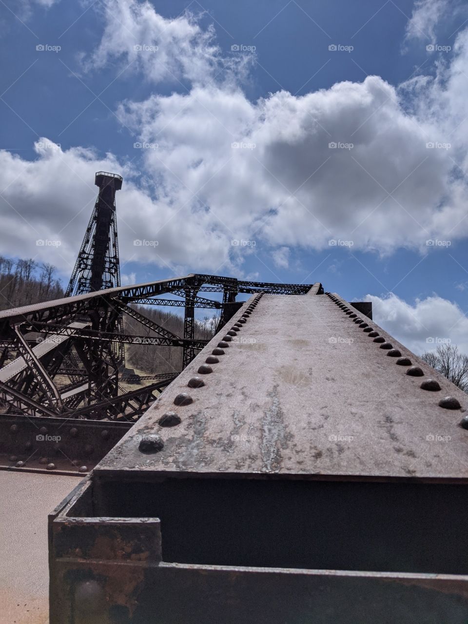 Kinzua Railroad Bridge ruins in Pennsylvania on a partly cloudy day