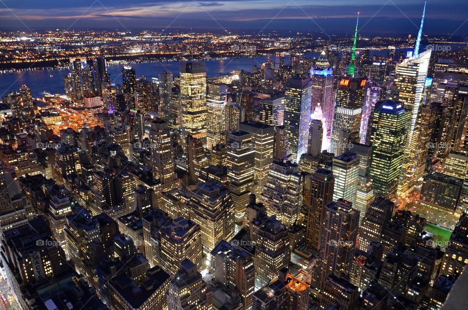 Aerial view of manhattan at night