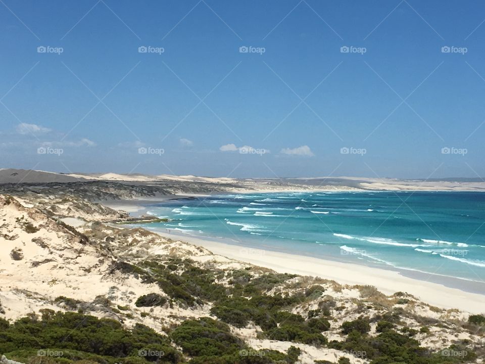 Turquoise blue water highlights the gorgeous white sand beach and coastline which is flanked by rolling sand dunes in south Australia near Coffin Bay 