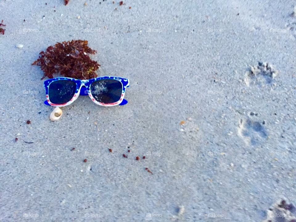 Sunglasses. Beachcombing. Sand. Sun. Patriotic. Red, White and Blue. Seashore.  Dog tracks. Paw prints. 