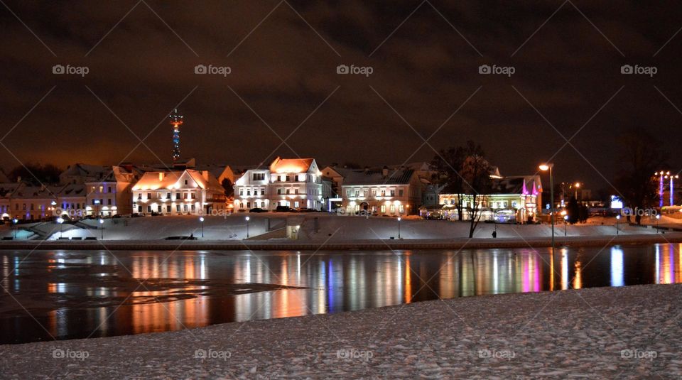 beautiful night light street view and reflection