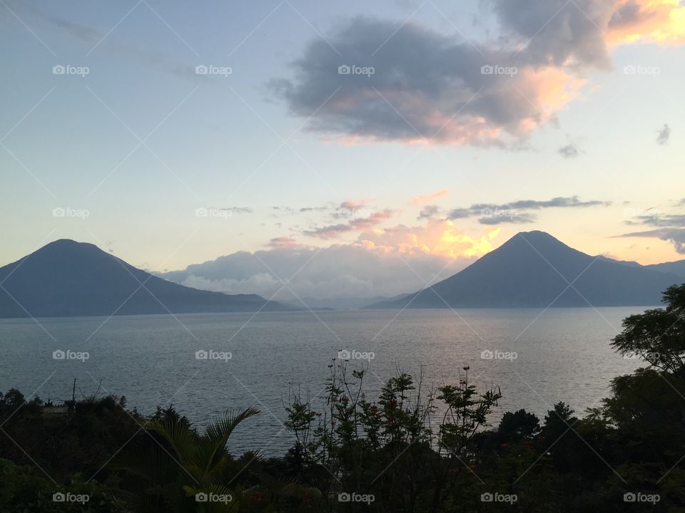 Lake Atitlan volcanoes. Vista of Lake Atitlan with volcanoes