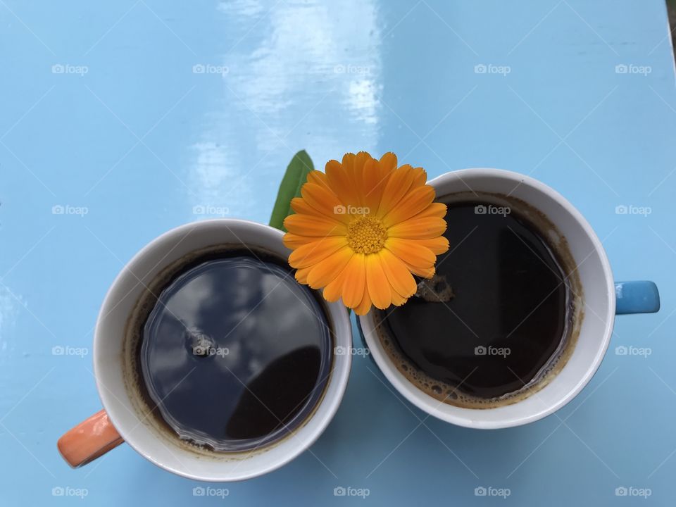You can see in this photo two cups of coffee with an orange flower in the middle of them, standing on a light blue surface.