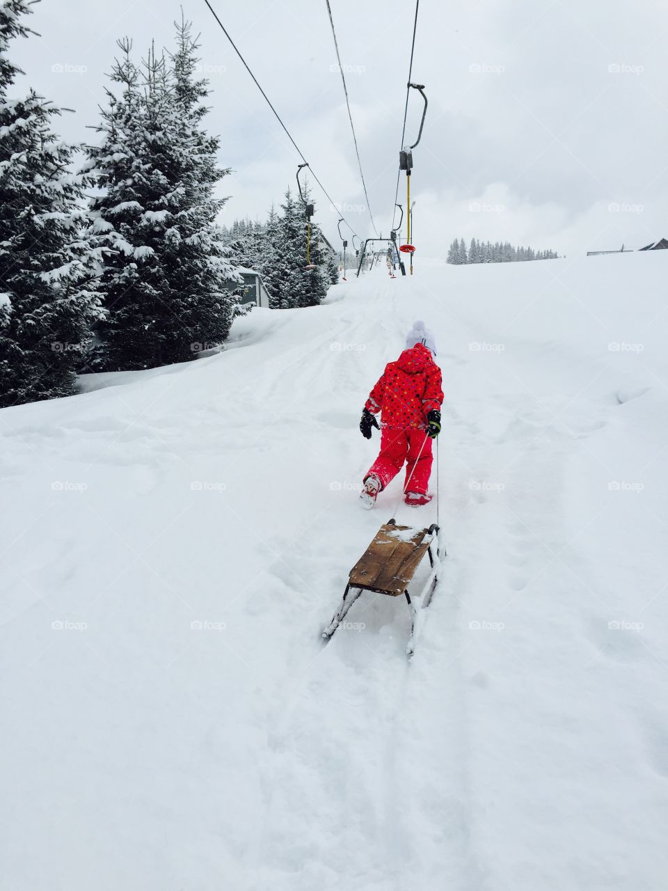 Child with sledge in winter