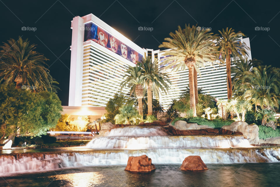 Vacation.  Waterfall from an iconic hotel