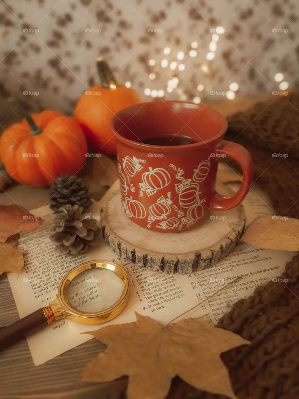 Coffee in an orange mug! Brown autumn warm texture blouse! Golden magnifying glass! Even book straws! I am surrounded by the warm colors of autumn