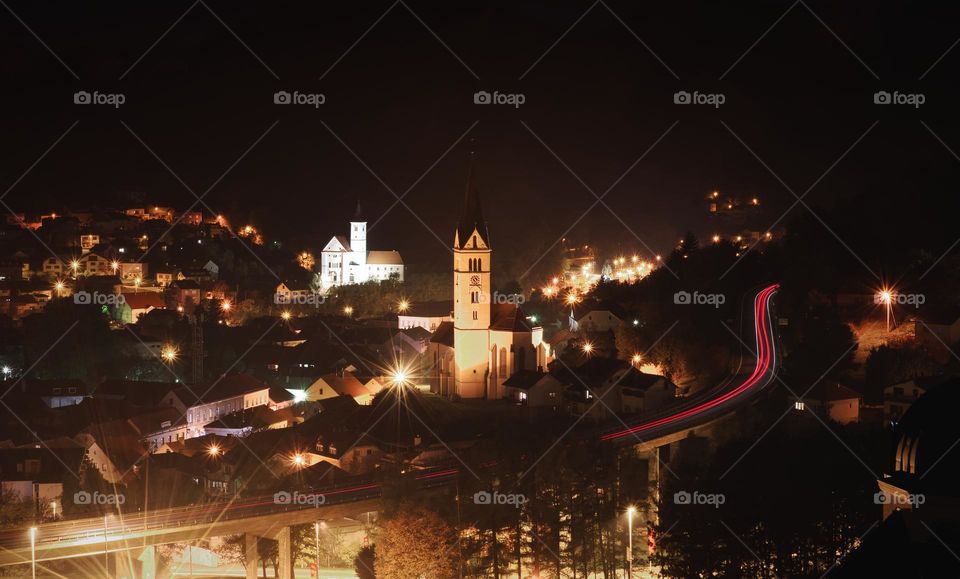 Night scene with church in Krapina city, croatia, county hrvatsko zagorje