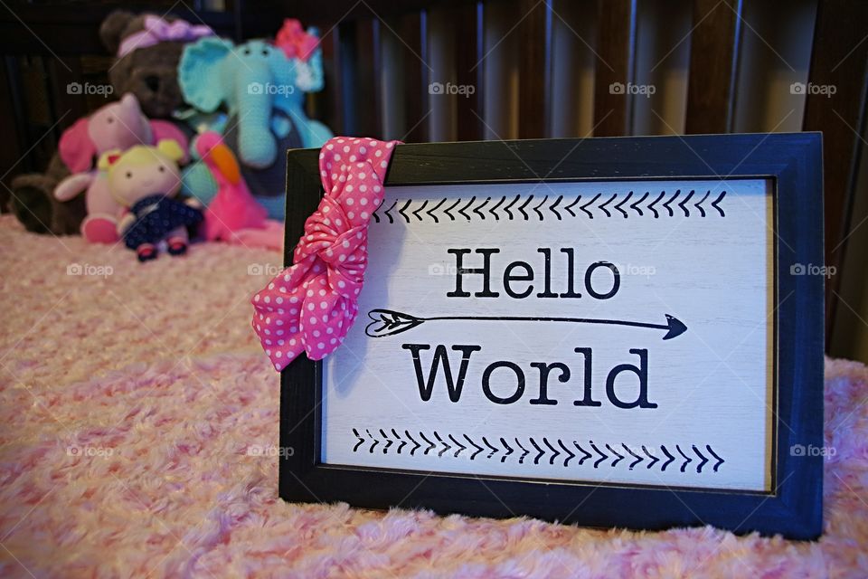 welcome a new baby girl with a hello world sign on a plush pink blanket in a crib with stuffed toy animals