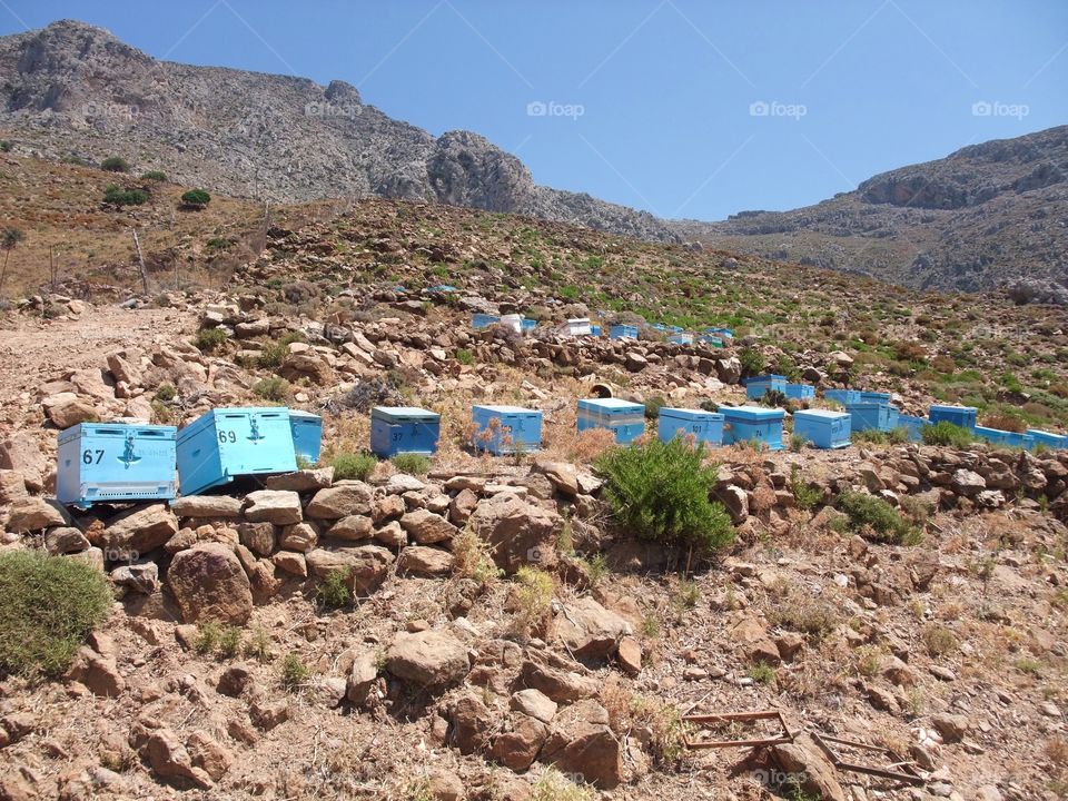 Lovely blue beehives on the Greek island Karpathos. 