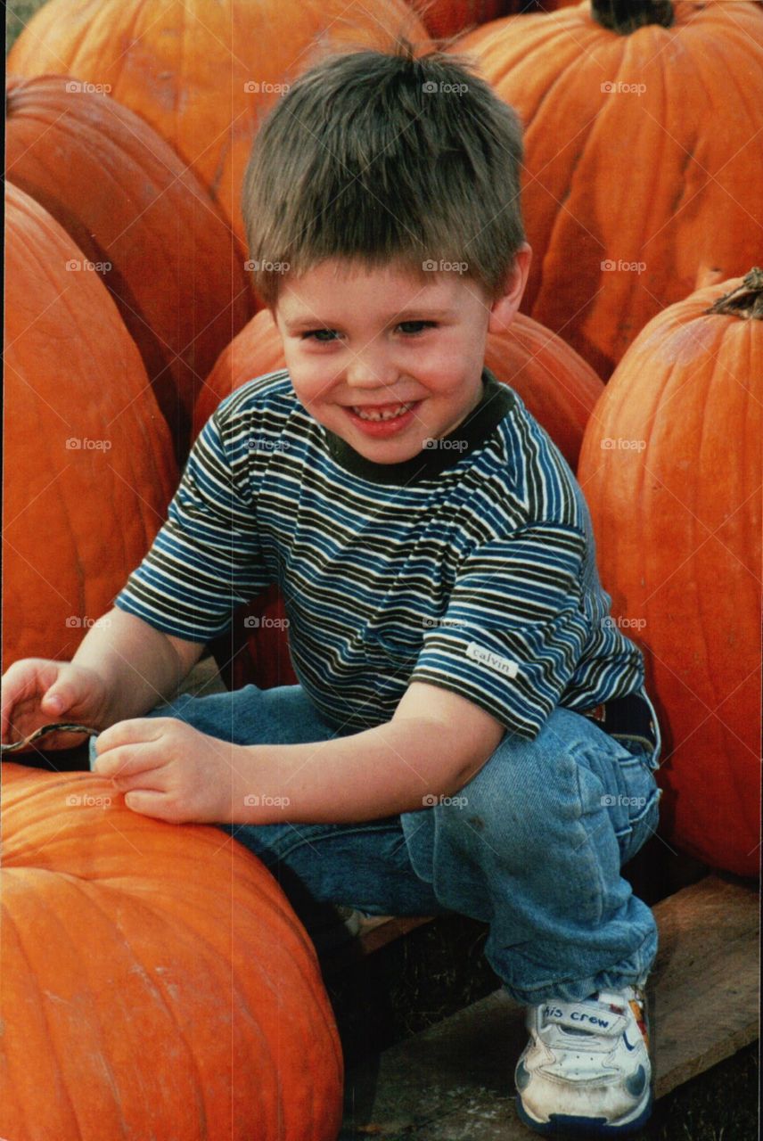 Little boy in a pumpkin patch 