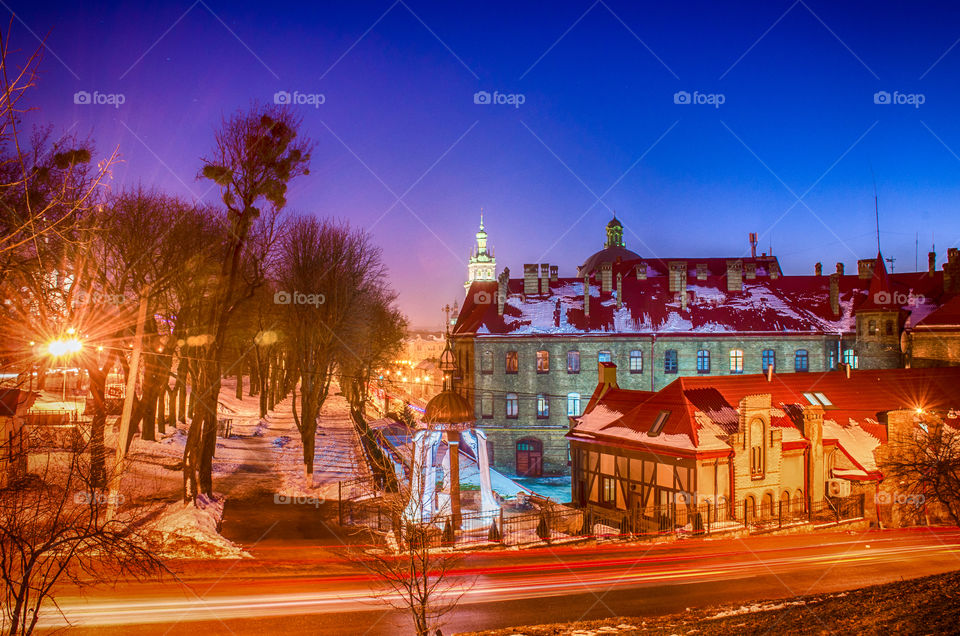 Lviv cityscape during the sunset