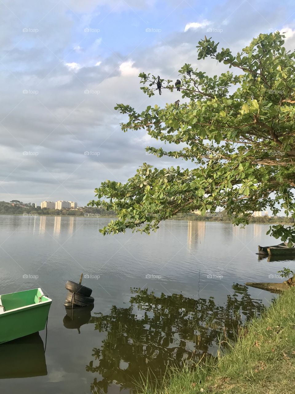 The reflection of buildings, trees, tires on the lake during sunset.