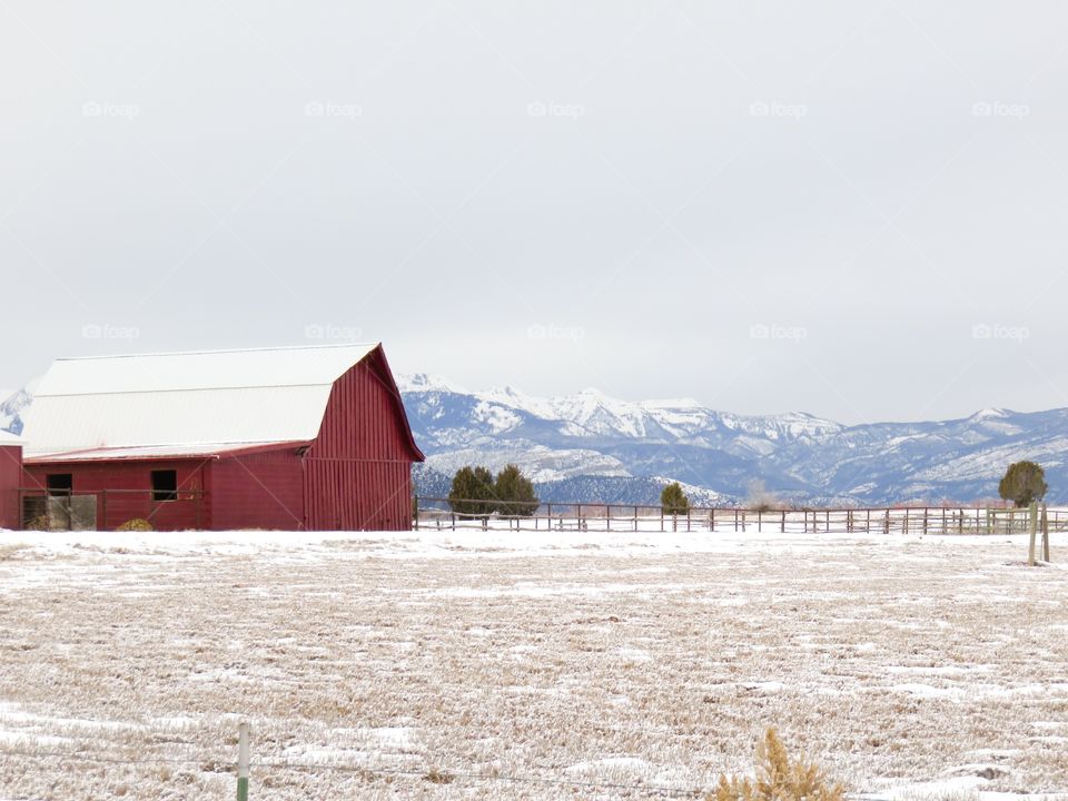 Red barn in winter