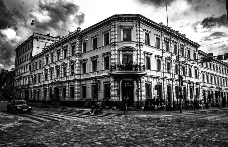 A black and white street corner in Helsinki, Finland